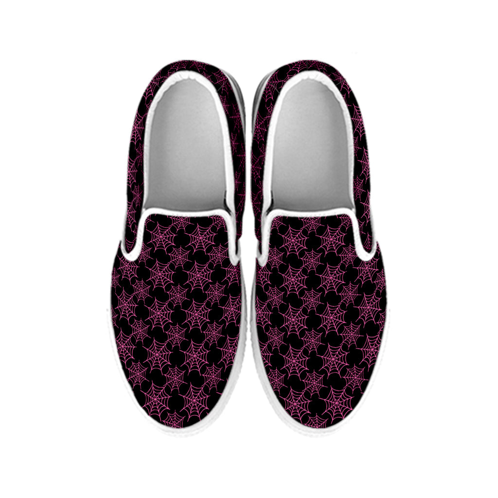 Black And Pink Spider Web Pattern Print White Slip On Shoes