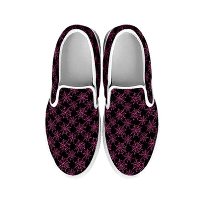 Black And Pink Spider Web Pattern Print White Slip On Shoes