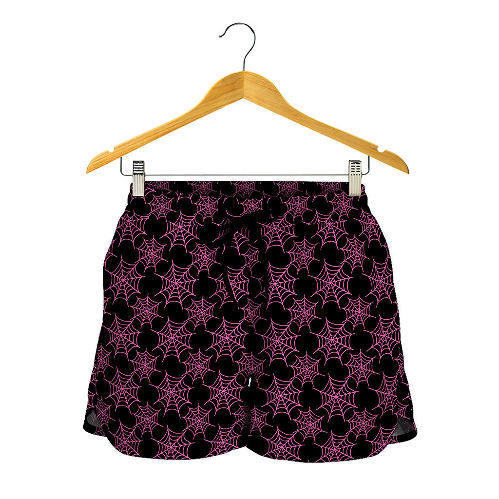 Black And Pink Spider Web Pattern Print Women's Shorts