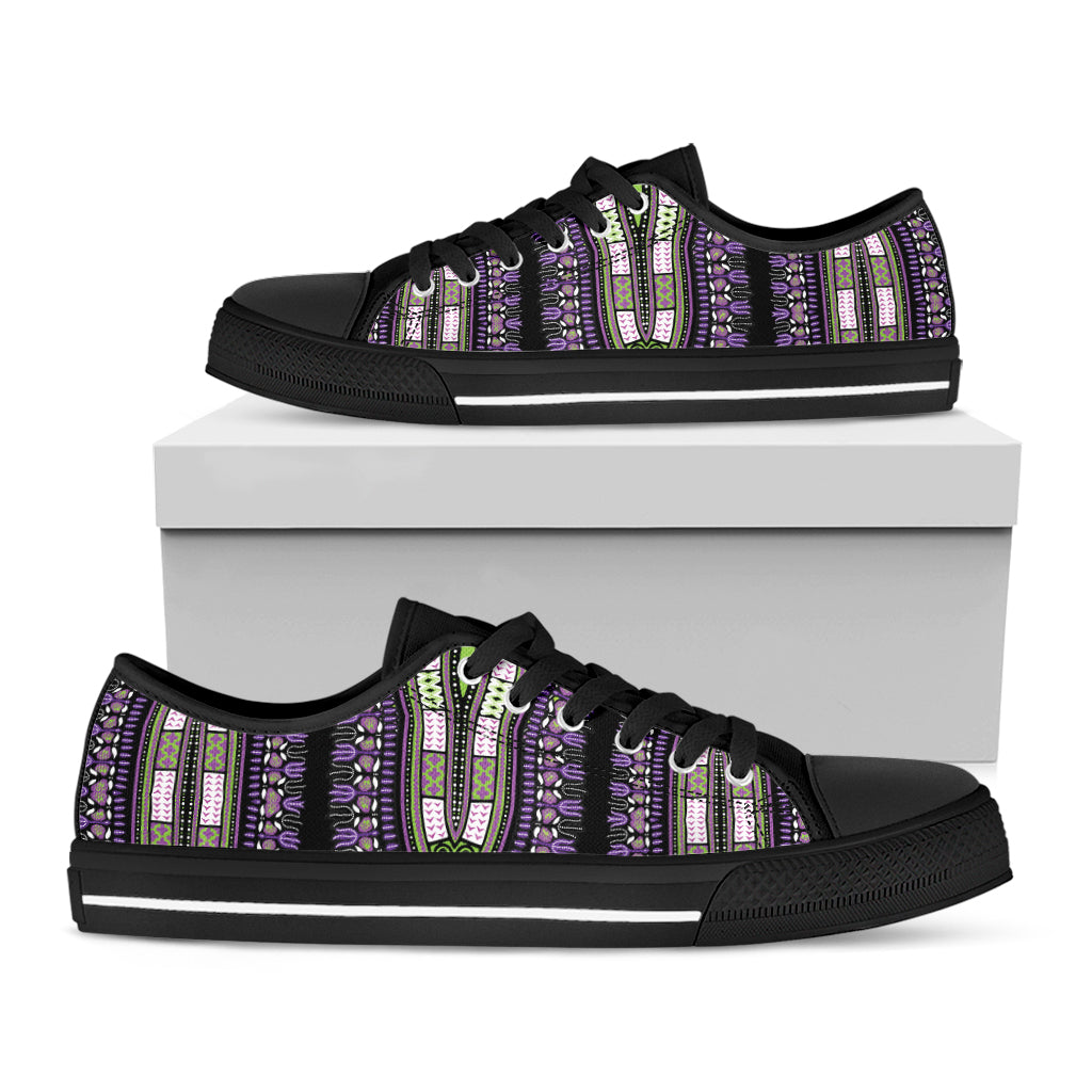 Black And Purple African Dashiki Print Black Low Top Shoes