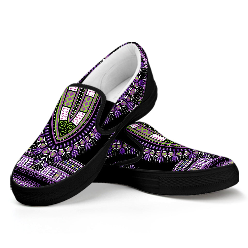 Black And Purple African Dashiki Print Black Slip On Shoes