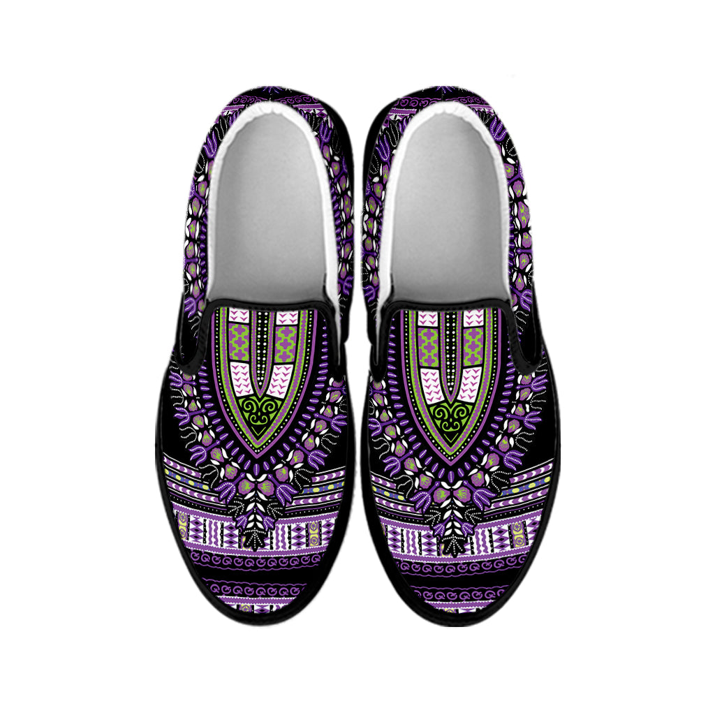 Black And Purple African Dashiki Print Black Slip On Shoes