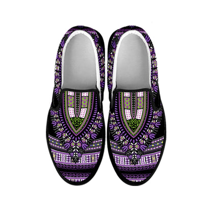 Black And Purple African Dashiki Print Black Slip On Shoes