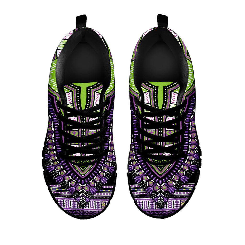 Black And Purple African Dashiki Print Black Sneakers