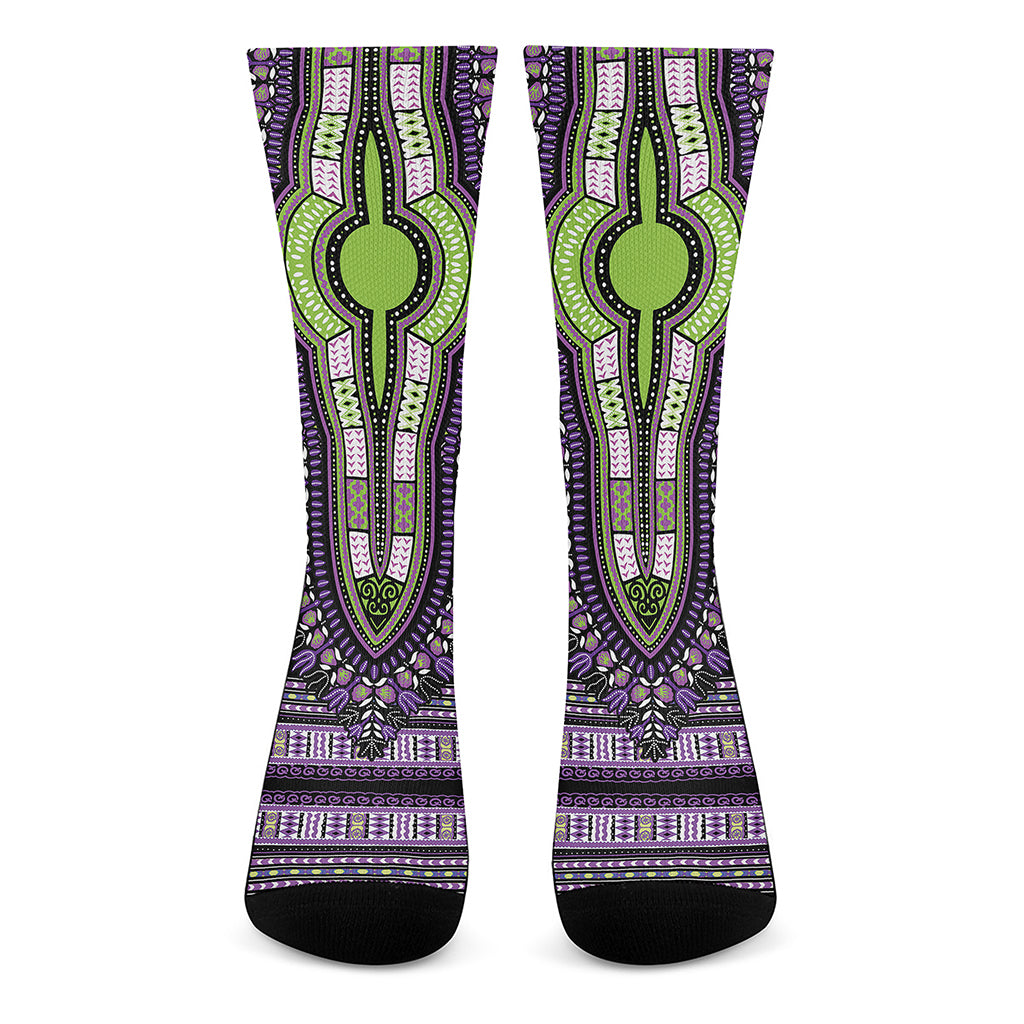 Black And Purple African Dashiki Print Crew Socks