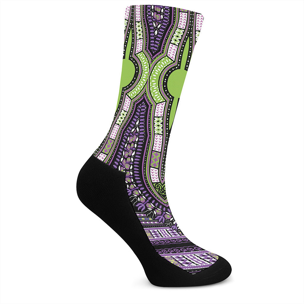 Black And Purple African Dashiki Print Crew Socks