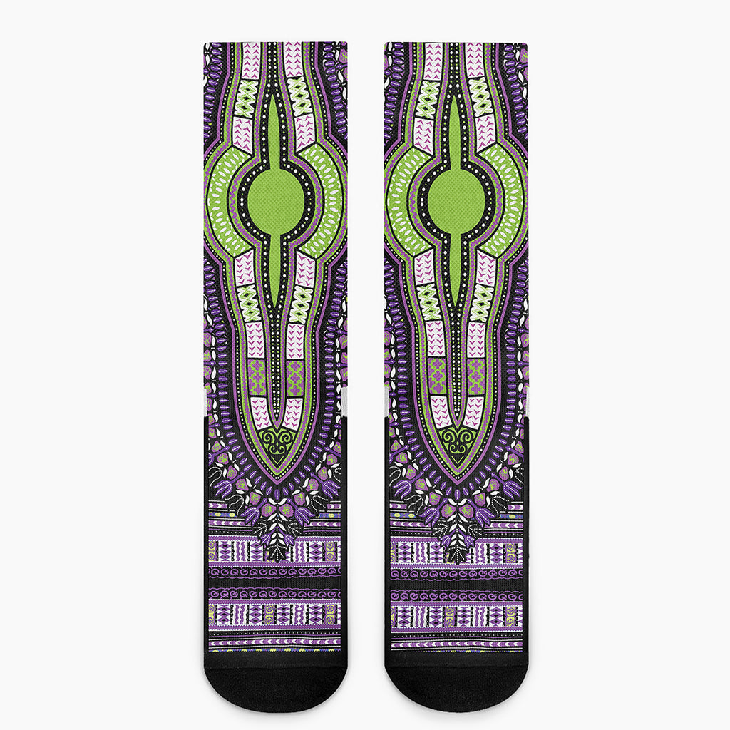 Black And Purple African Dashiki Print Crew Socks