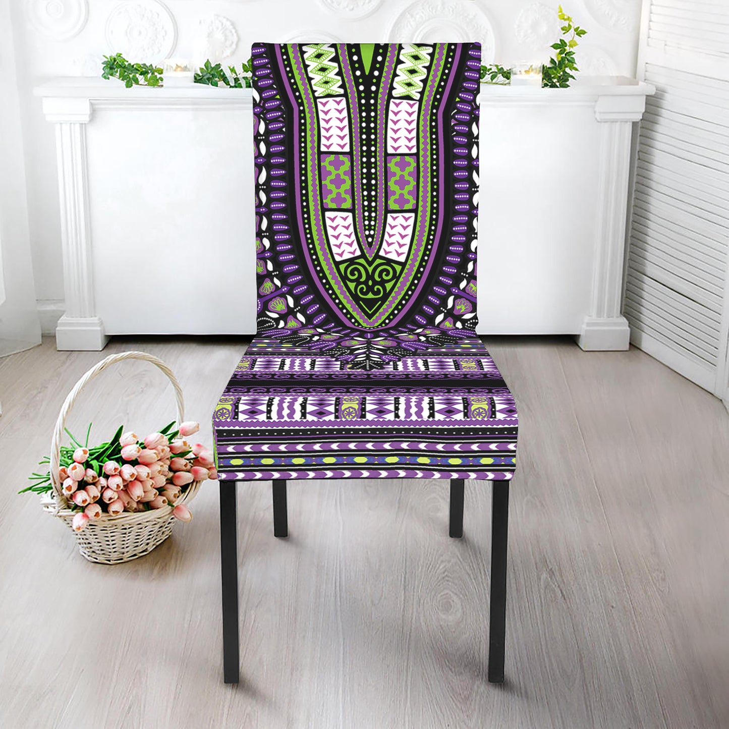 Black And Purple African Dashiki Print Dining Chair Slipcover