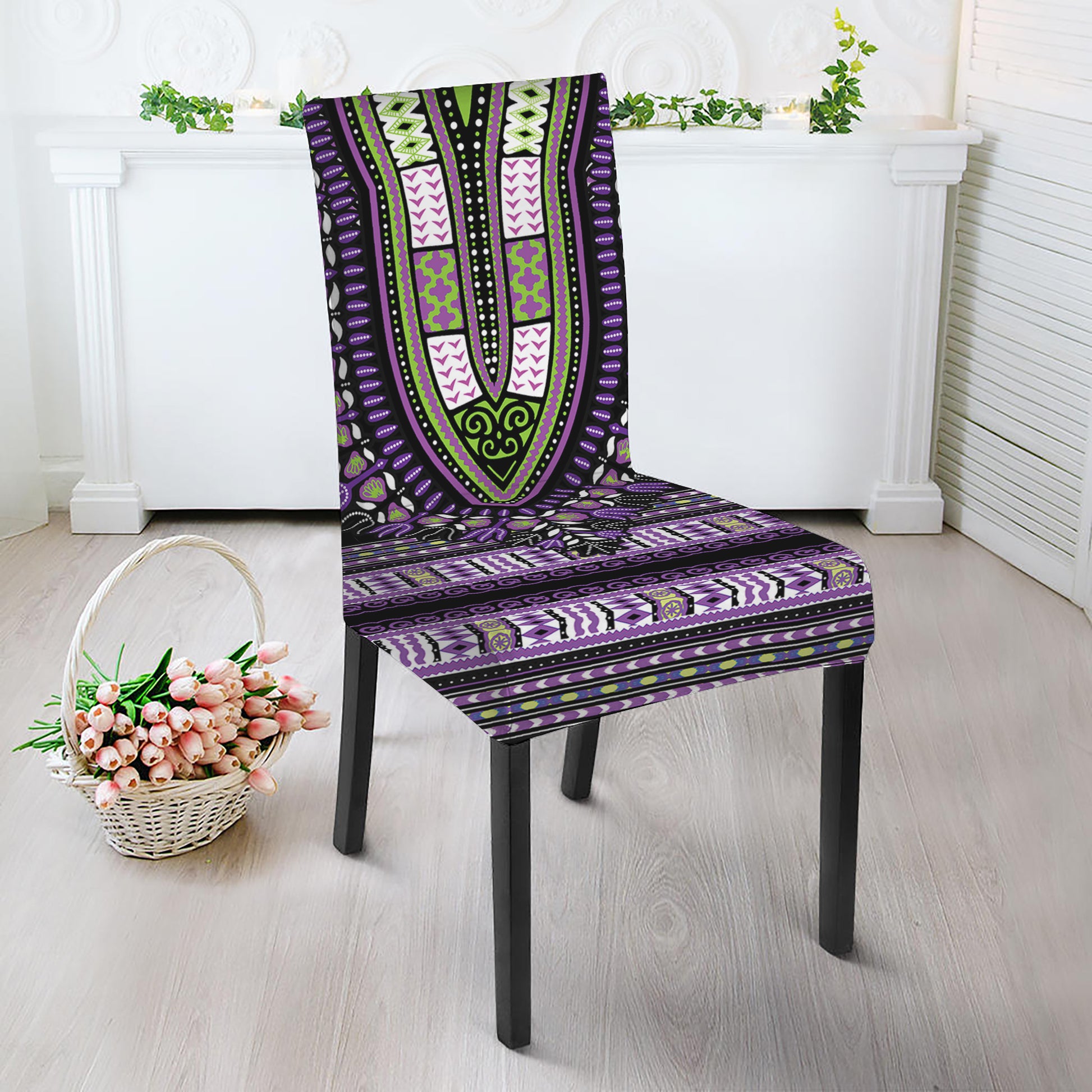 Black And Purple African Dashiki Print Dining Chair Slipcover
