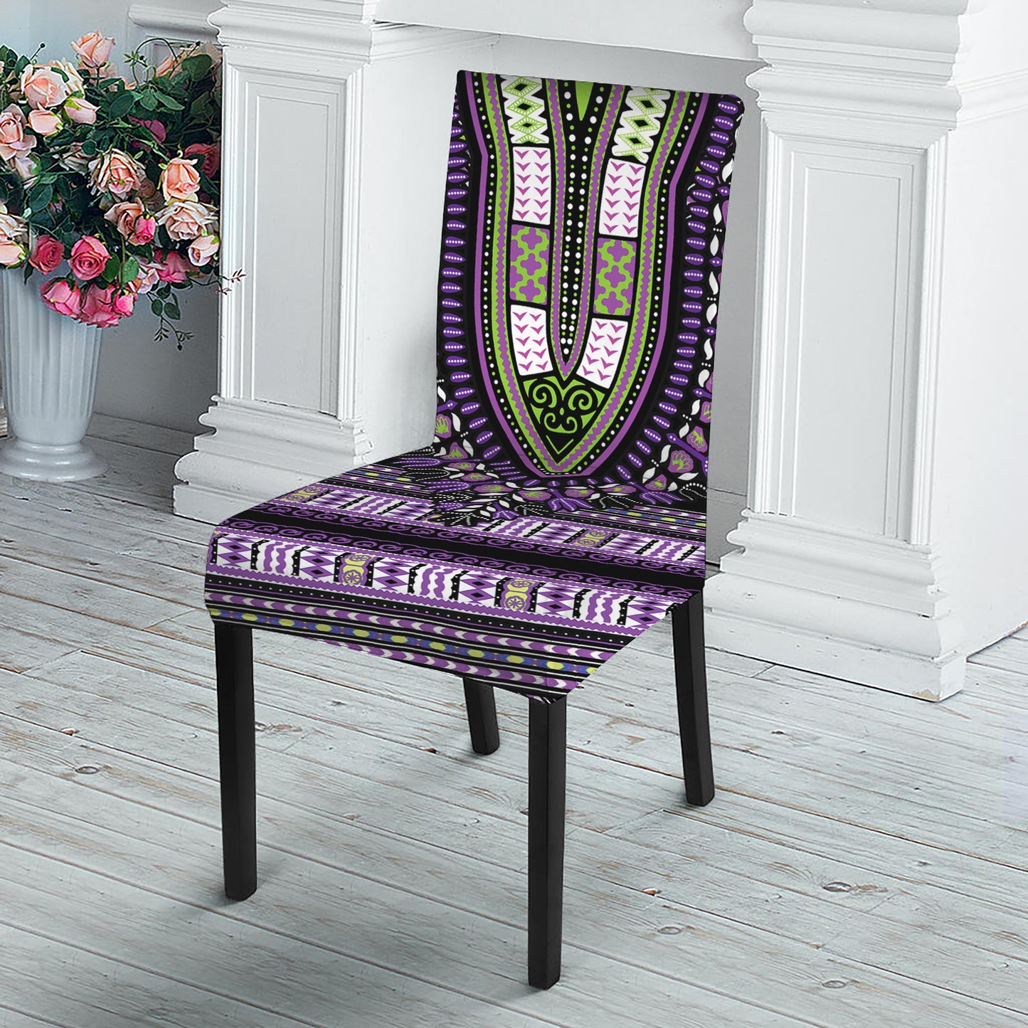 Black And Purple African Dashiki Print Dining Chair Slipcover