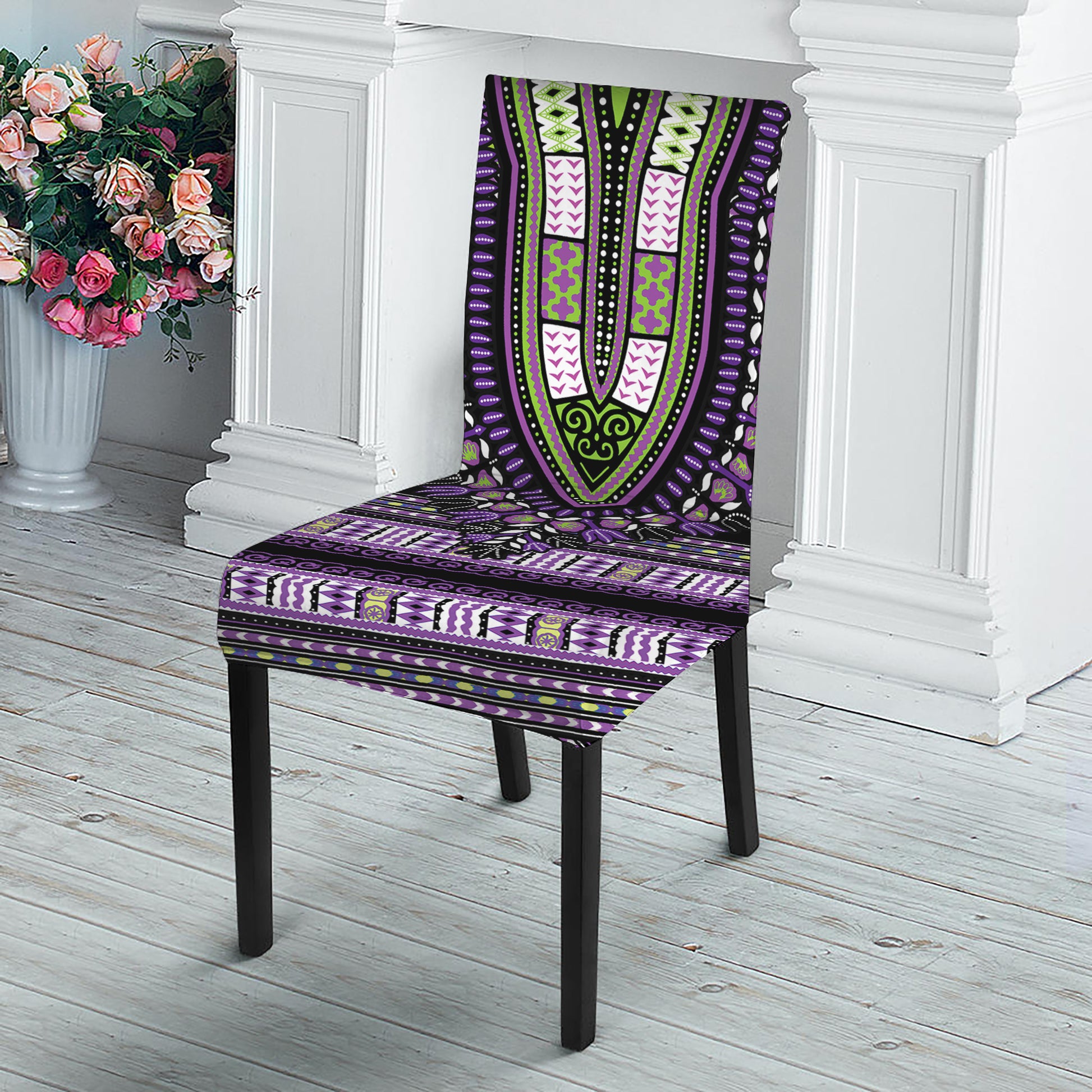 Black And Purple African Dashiki Print Dining Chair Slipcover