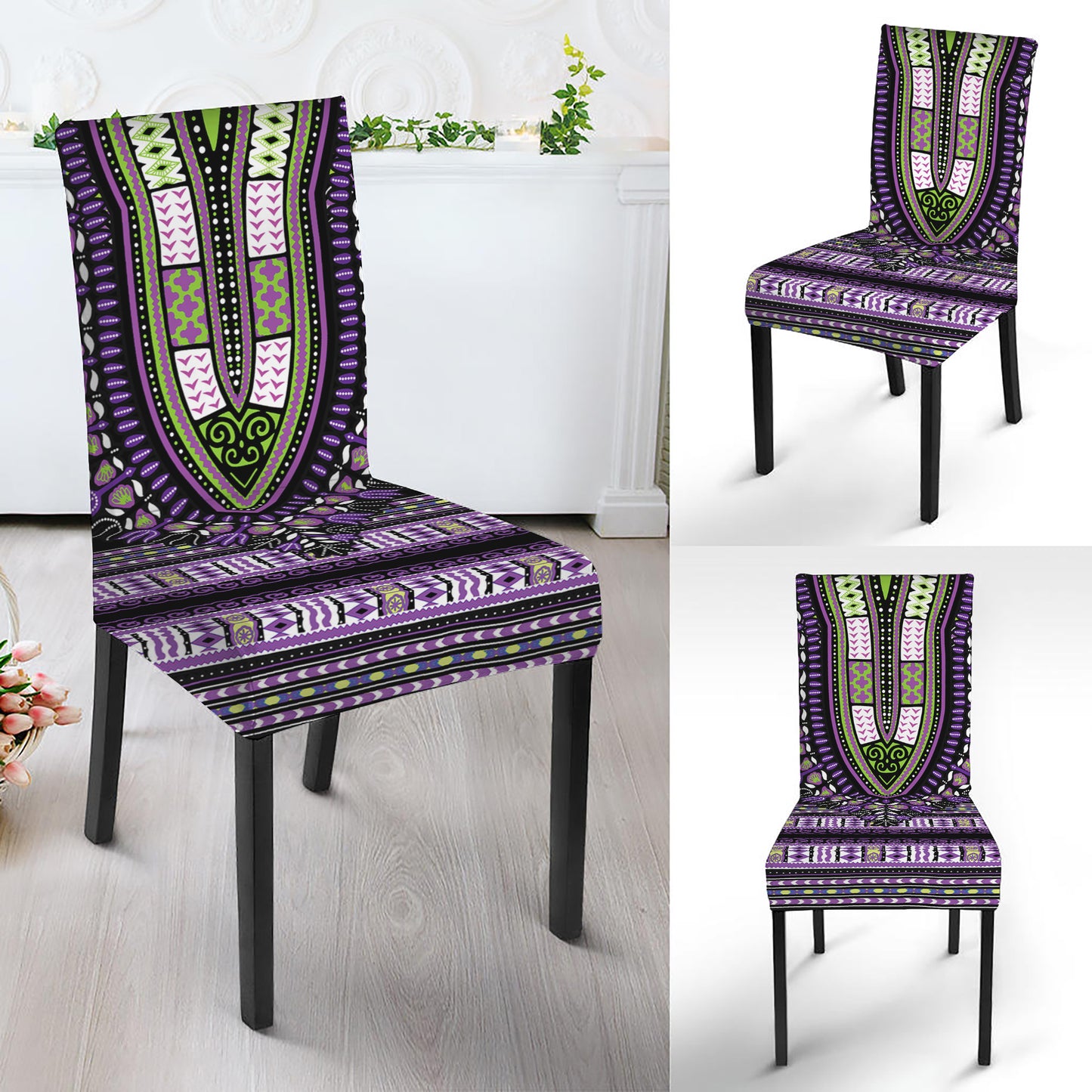 Black And Purple African Dashiki Print Dining Chair Slipcover