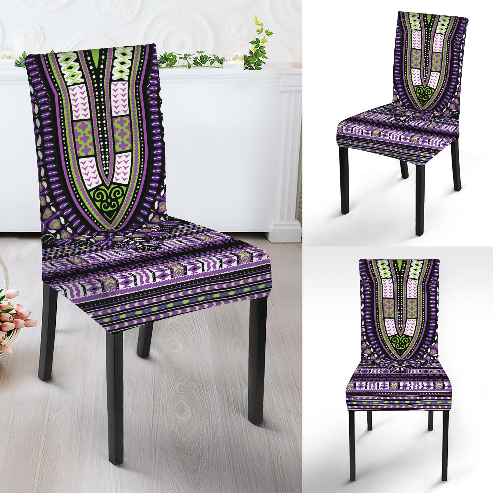 Black And Purple African Dashiki Print Dining Chair Slipcover