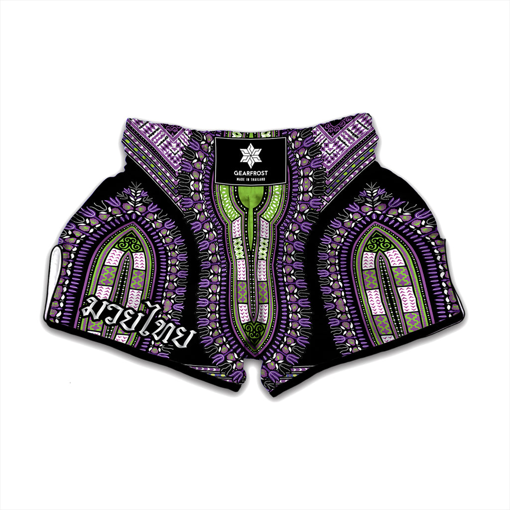 Black And Purple African Dashiki Print Muay Thai Boxing Shorts