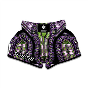 Black And Purple African Dashiki Print Muay Thai Boxing Shorts