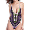 Black And Purple African Dashiki Print One Piece High Cut Swimsuit