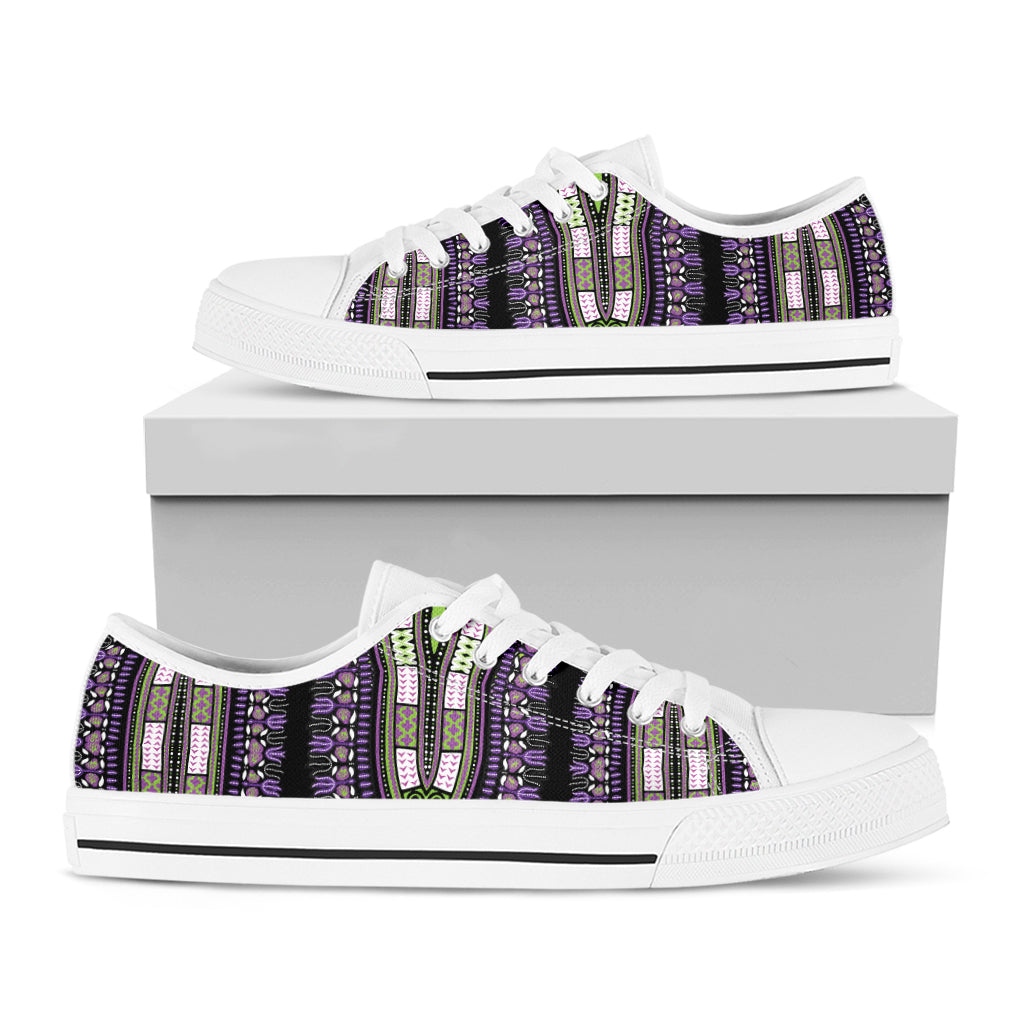 Black And Purple African Dashiki Print White Low Top Shoes
