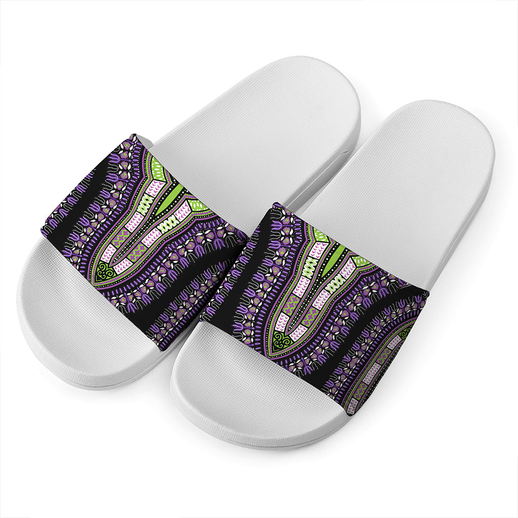 Black And Purple African Dashiki Print White Slide Sandals