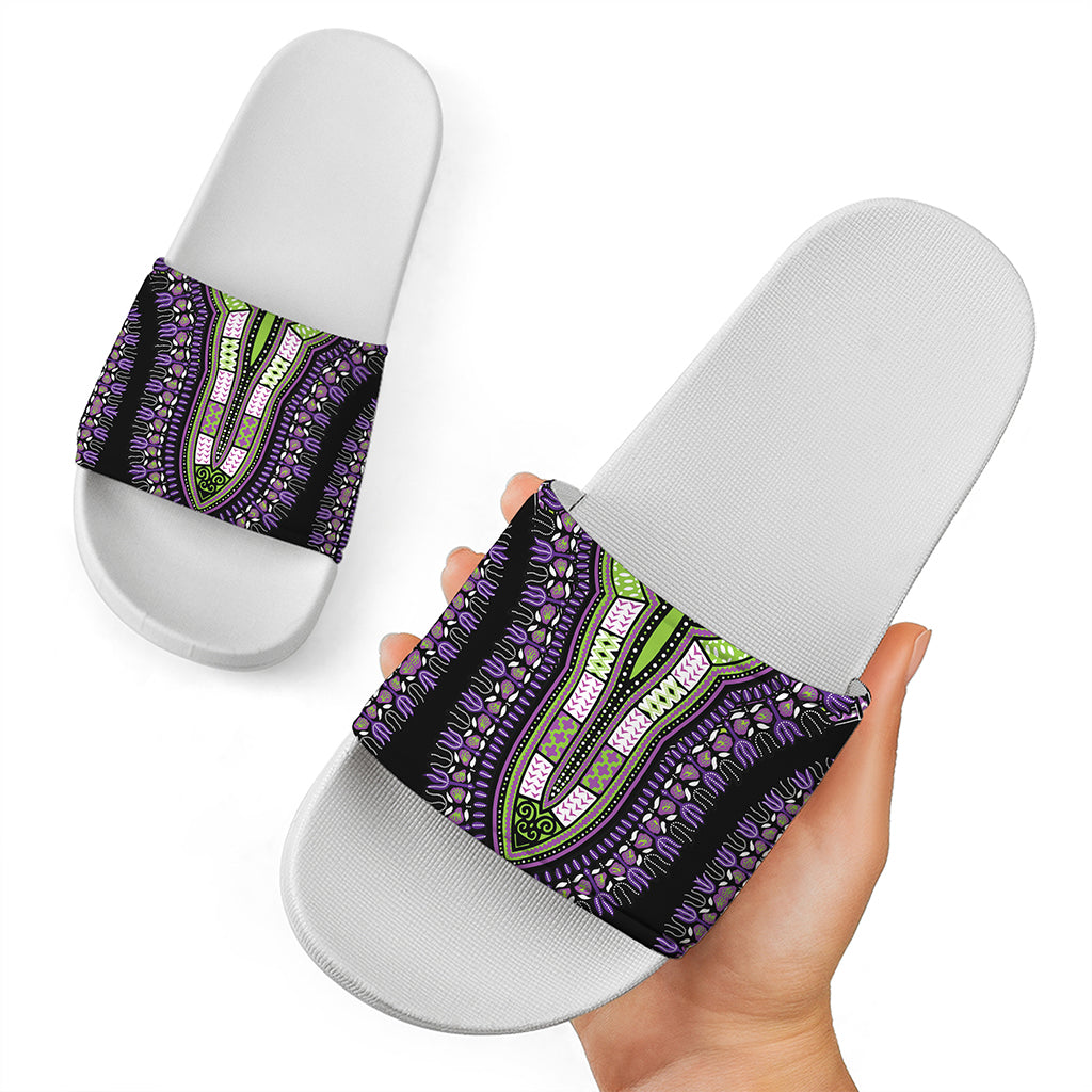 Black And Purple African Dashiki Print White Slide Sandals