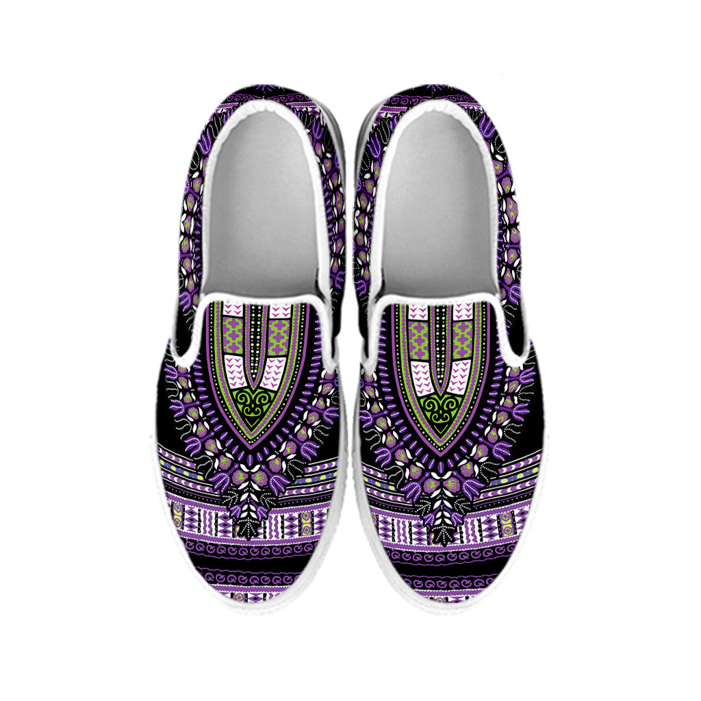 Black And Purple African Dashiki Print White Slip On Shoes