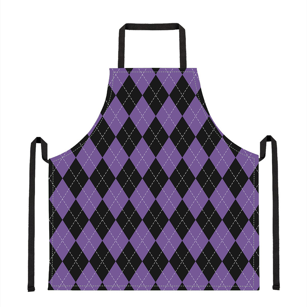 Black And Purple Argyle Pattern Print Apron