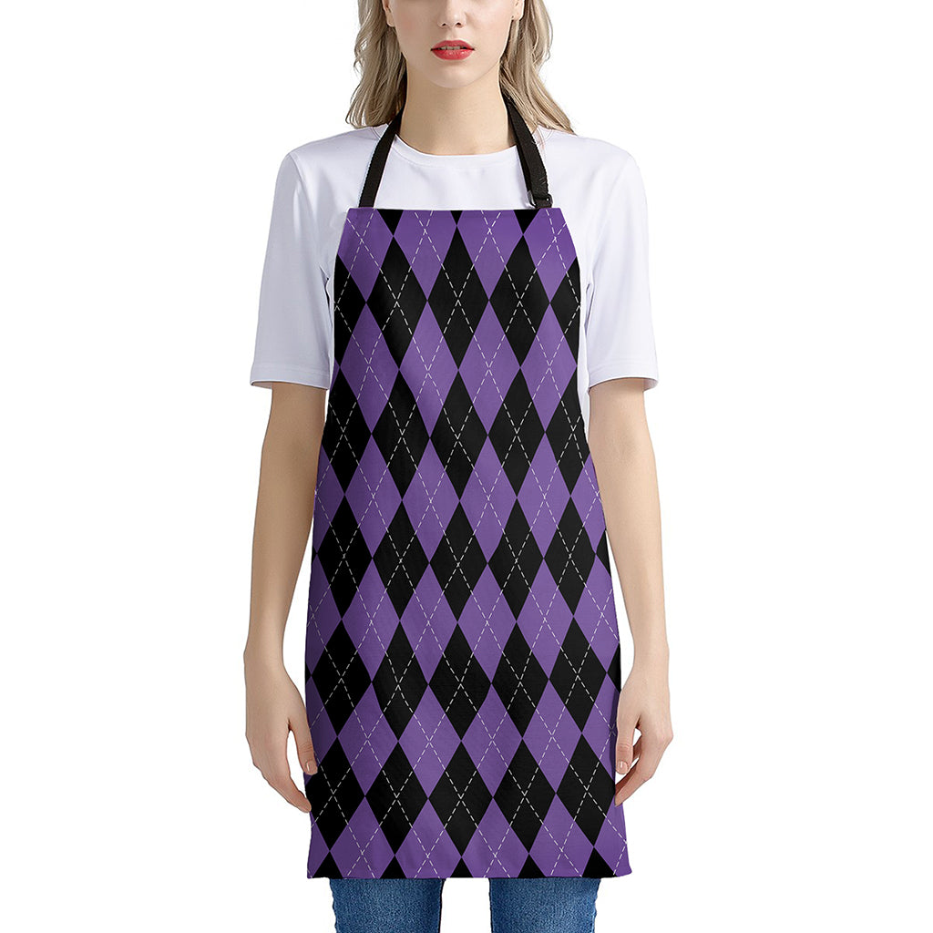 Black And Purple Argyle Pattern Print Apron