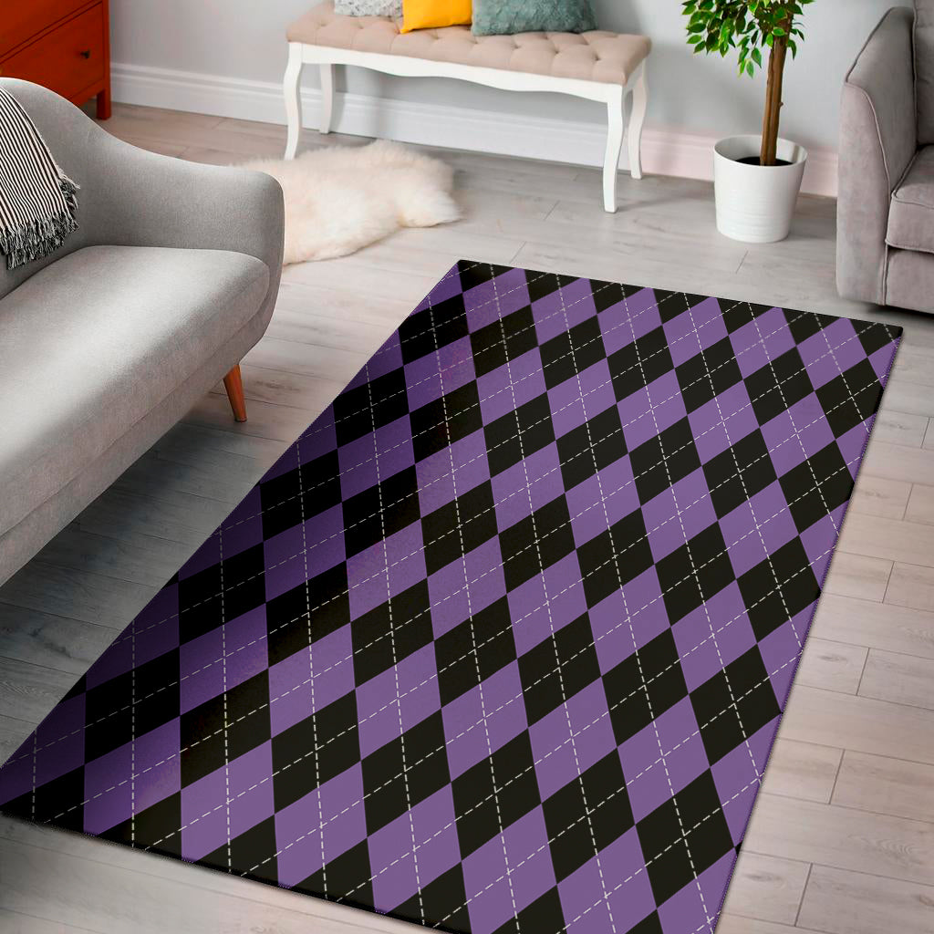 Black And Purple Argyle Pattern Print Area Rug