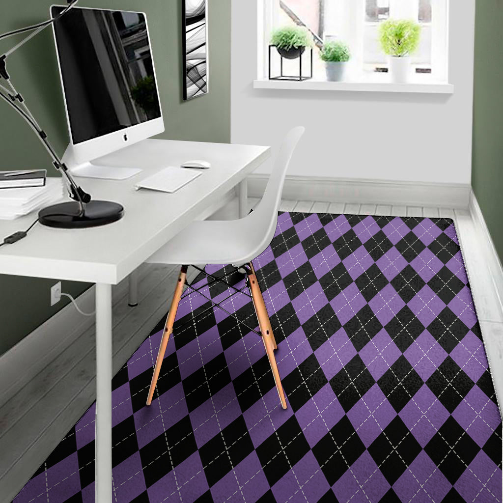 Black And Purple Argyle Pattern Print Area Rug