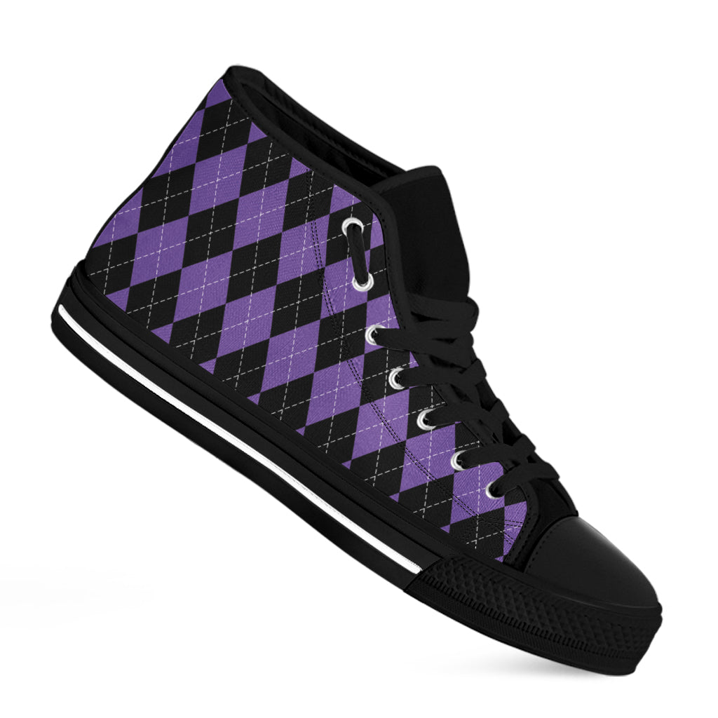 Black And Purple Argyle Pattern Print Black High Top Shoes