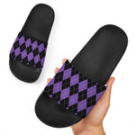 Black And Purple Argyle Pattern Print Black Slide Sandals