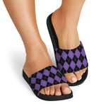 Black And Purple Argyle Pattern Print Black Slide Sandals