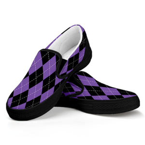 Black And Purple Argyle Pattern Print Black Slip On Shoes