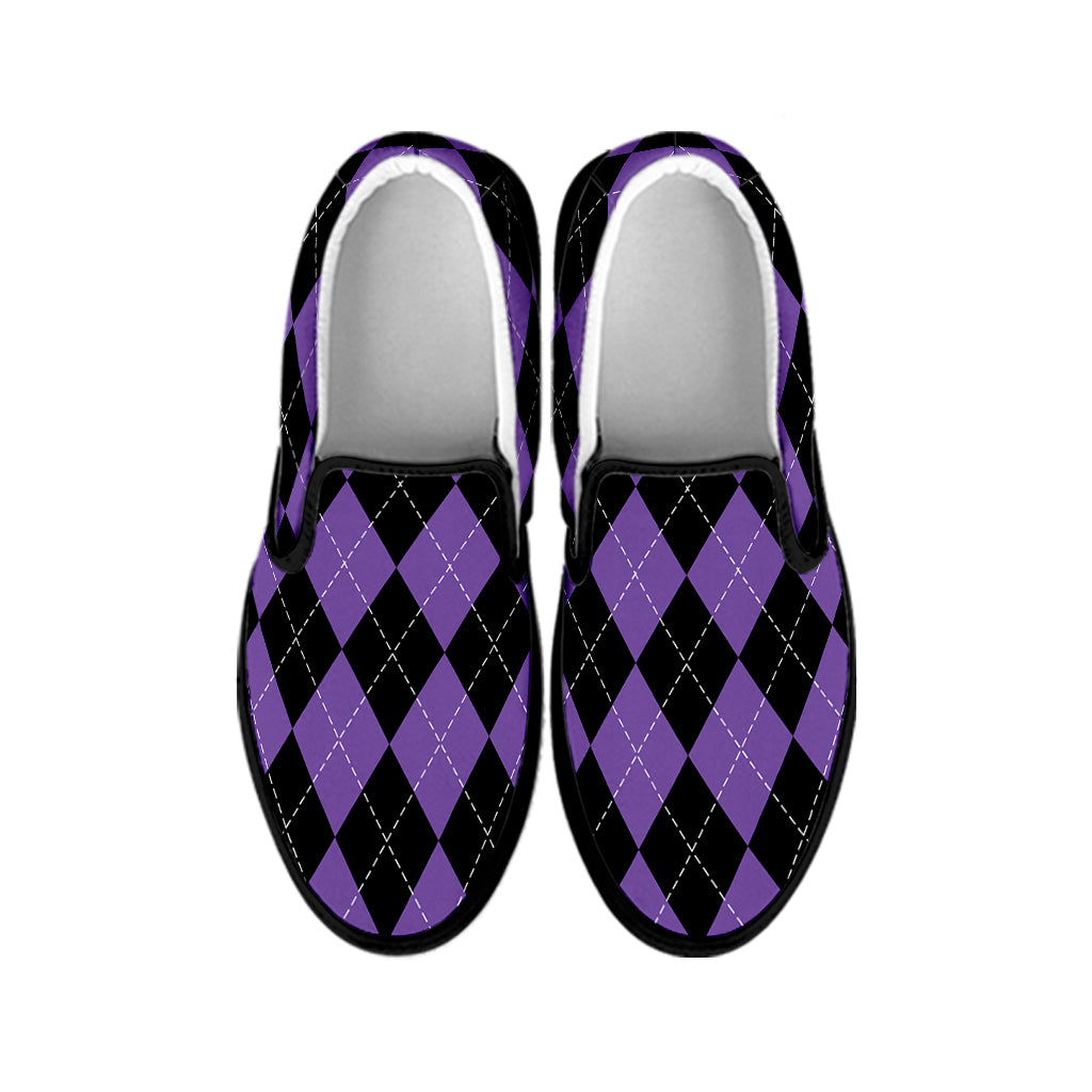 Black And Purple Argyle Pattern Print Black Slip On Shoes