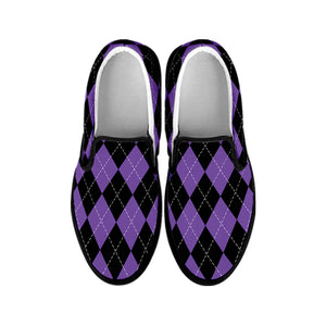 Black And Purple Argyle Pattern Print Black Slip On Shoes