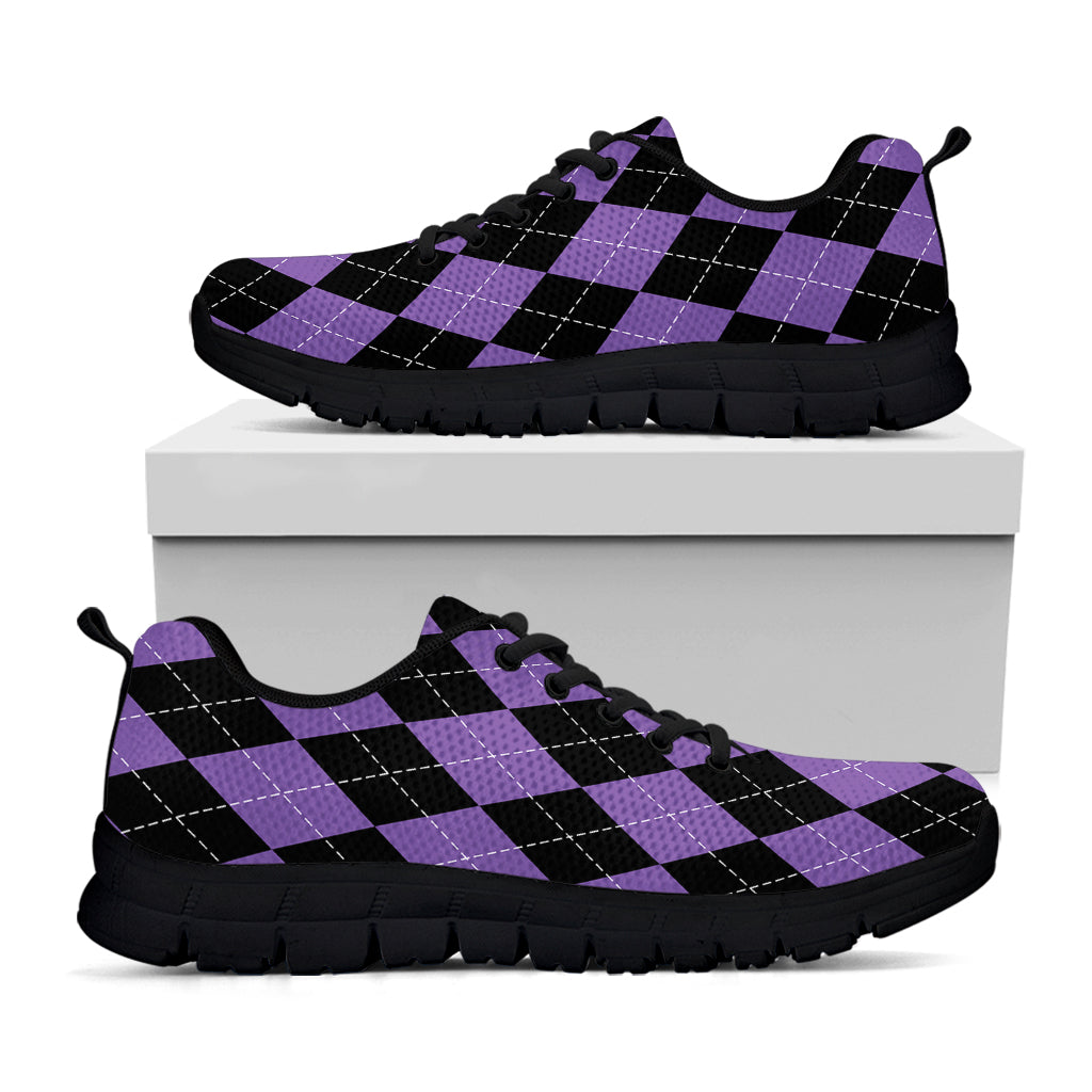 Black And Purple Argyle Pattern Print Black Sneakers