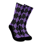 Black And Purple Argyle Pattern Print Crew Socks