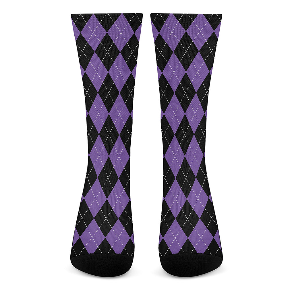 Black And Purple Argyle Pattern Print Crew Socks