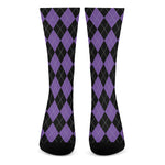 Black And Purple Argyle Pattern Print Crew Socks