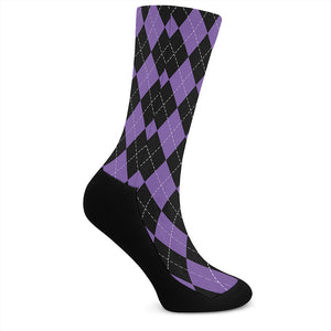 Black And Purple Argyle Pattern Print Crew Socks