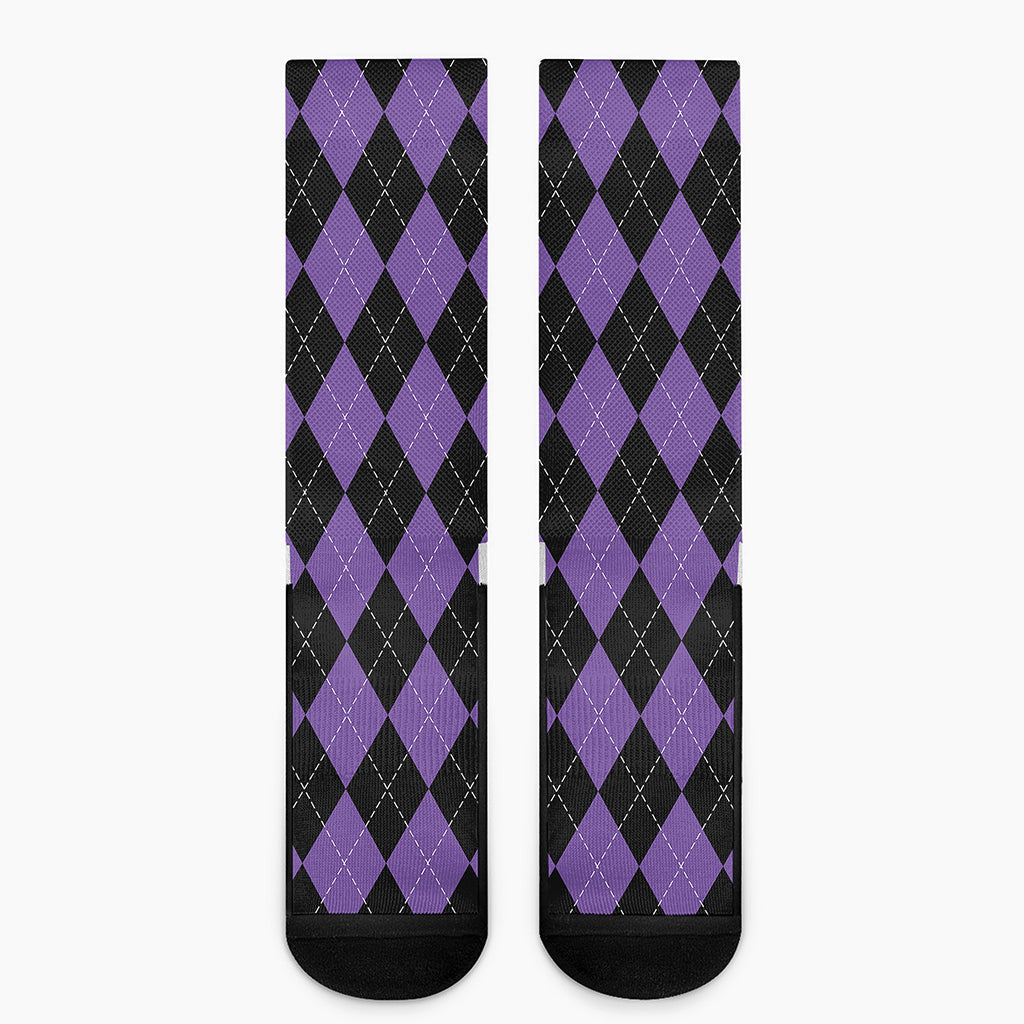 Black And Purple Argyle Pattern Print Crew Socks