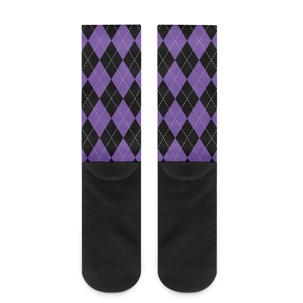 Black And Purple Argyle Pattern Print Crew Socks