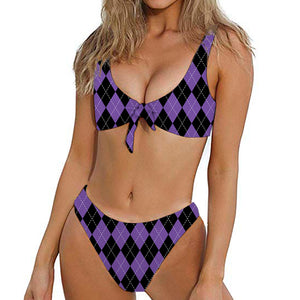 Black And Purple Argyle Pattern Print Front Bow Tie Bikini