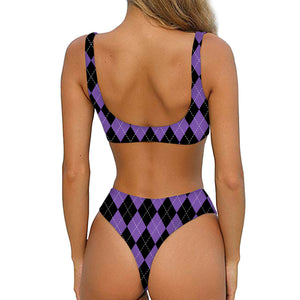 Black And Purple Argyle Pattern Print Front Bow Tie Bikini