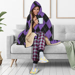 Black And Purple Argyle Pattern Print Hooded Blanket