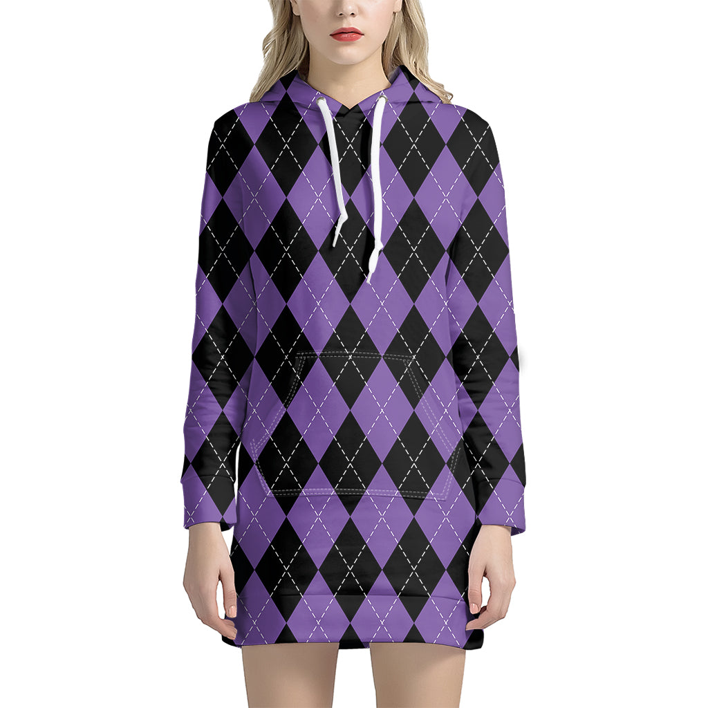 Black And Purple Argyle Pattern Print Hoodie Dress