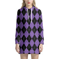 Black And Purple Argyle Pattern Print Pullover Hoodie Dress