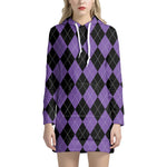 Black And Purple Argyle Pattern Print Hoodie Dress