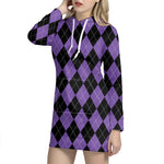 Black And Purple Argyle Pattern Print Hoodie Dress