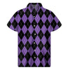 Black And Purple Argyle Pattern Print Men's Short Sleeve Shirt