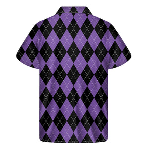 Black And Purple Argyle Pattern Print Men's Short Sleeve Shirt